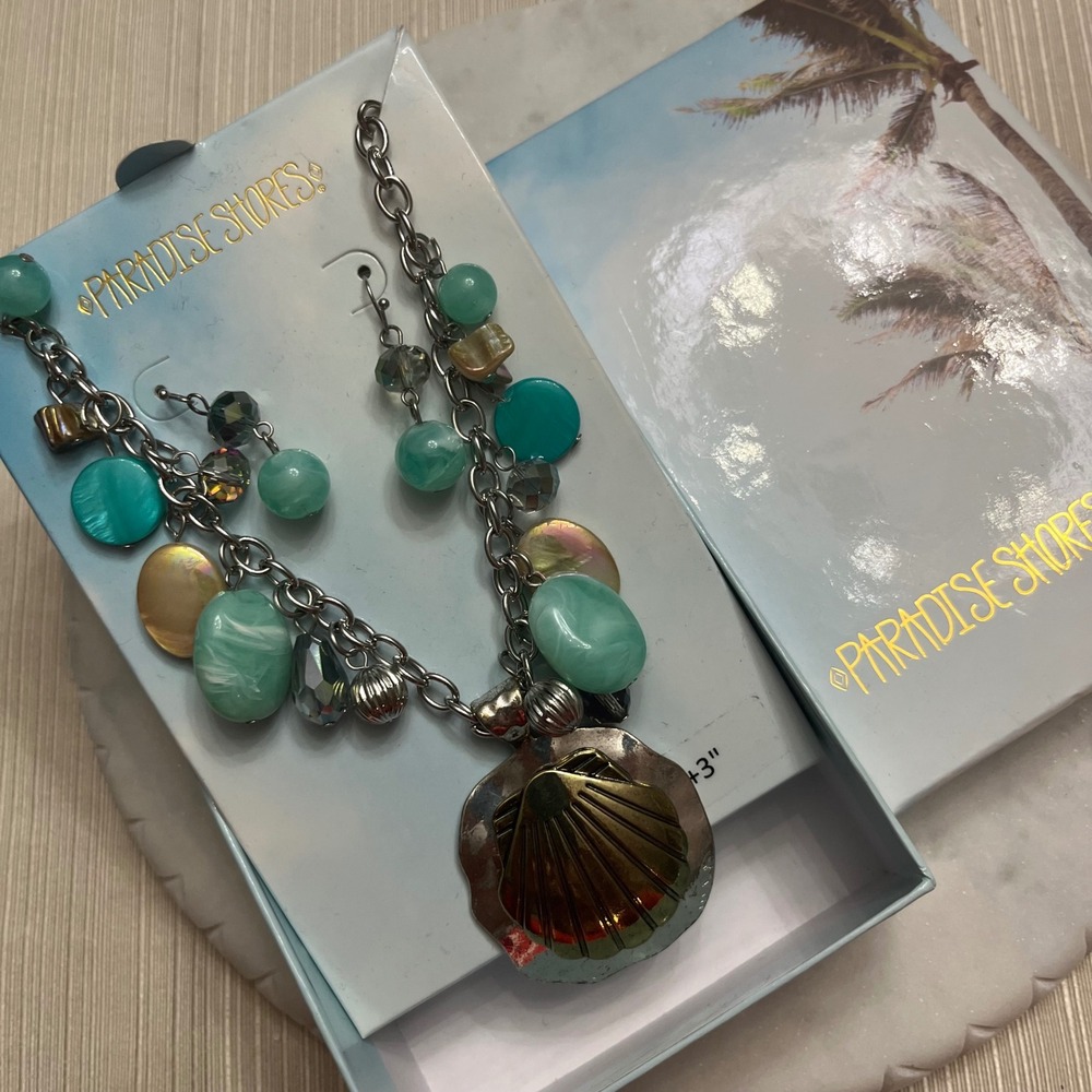 Paradise Shores Necklace Earrings Gift Set Beach Seashell‎ Charm Blue Chunky New